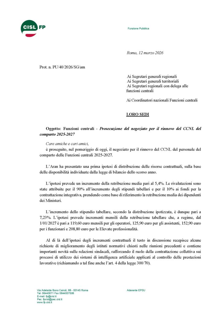 82 – FUNZIONI CENTRALI – PROSECUZIONE DEL NEGOZIATO PER IL RINNOVO DEL CCNL DEL COMPARTO 2025-2027 – LA NOTA DELL’AMMINISTRAZIONE