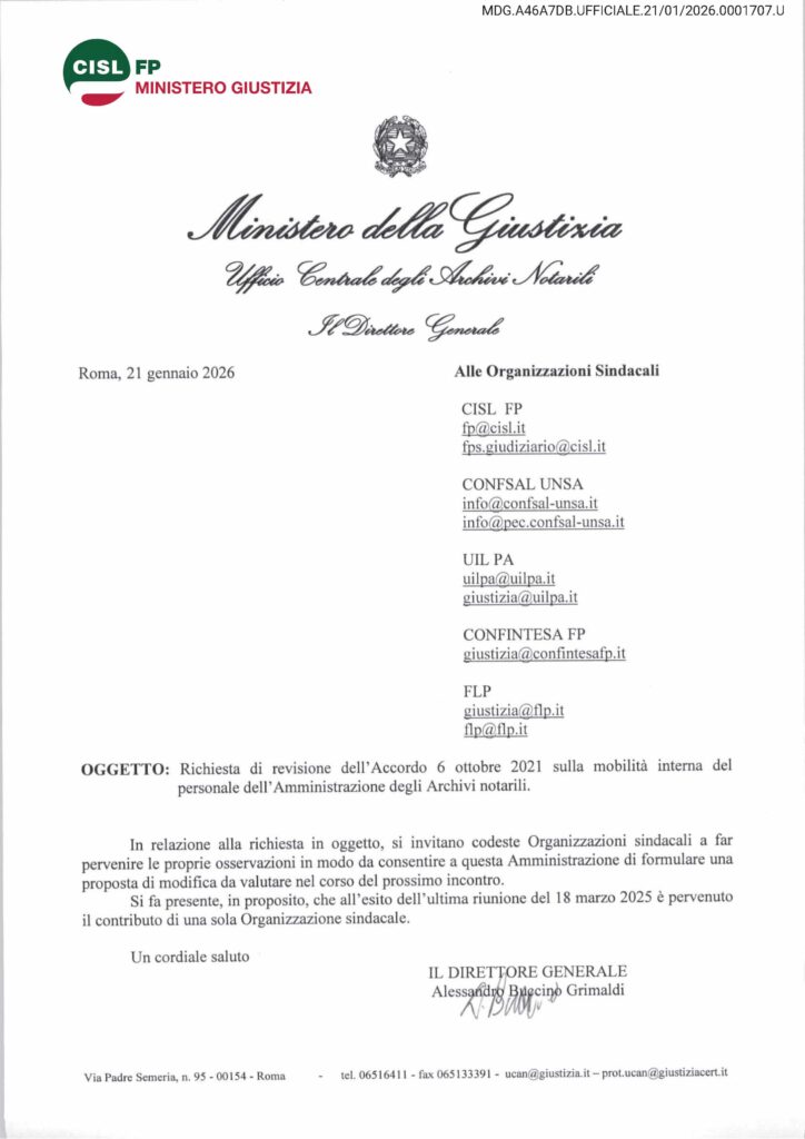 20 – RICHIESTA DI REVISIONE DELL’ACCORDO 6 OTTOBRE 2021 SULLA MOBILITÀ INTERNA DEL PERSONALE DELL’ AMMINISTRAZIONE DEGLI ARCHIVI NOTARILI – LA NOTA DELL’AMMINISTRAZIONE