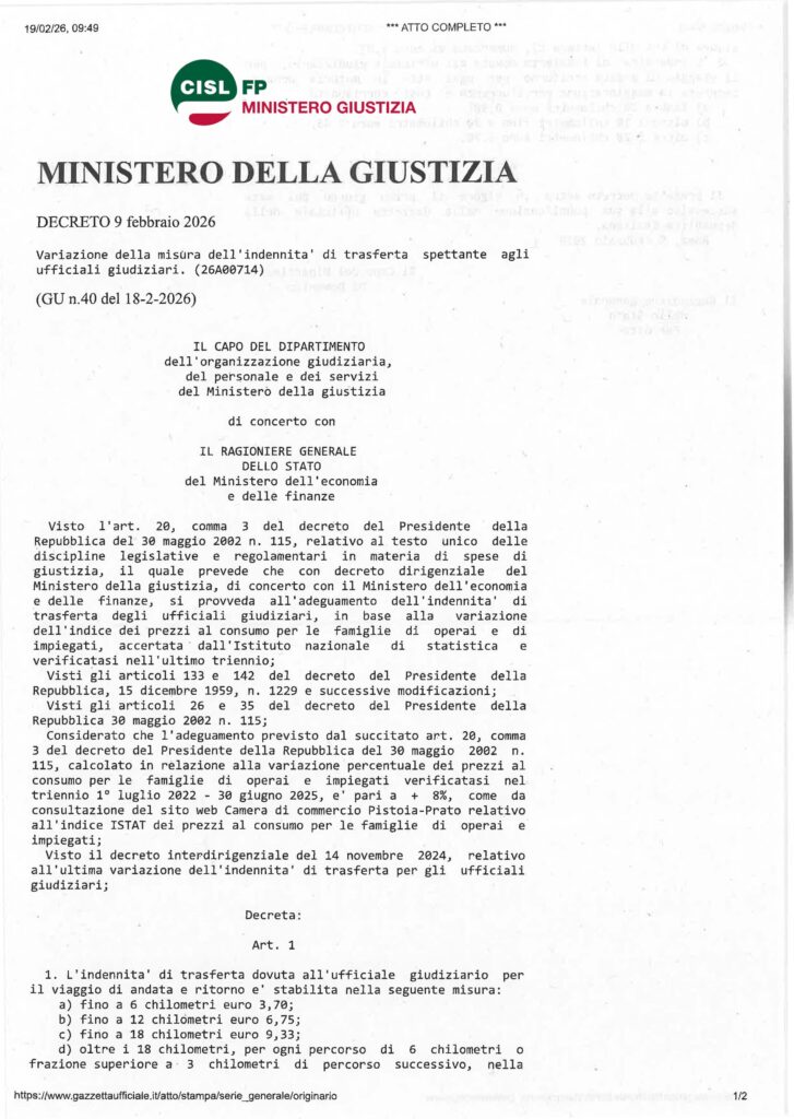 60 – UFFICIALI GIUDIZIARI – DECRETO 9 FEBBRAIO 2026: VARIAZIONE DELLA MISURA DELL’INDENNITÀ DI TRASFERTA