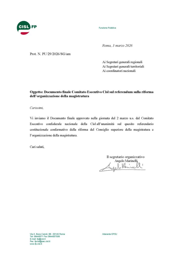 72 – REFERENDUM GIUSTIZIA – DOCUMENTO FINALE COMITATO ESECUTIVO CISL SUL REFERENDUM SULLA RIFORMA DELL’ORGANIZZAZIONE DELLA MAGISTRATURA