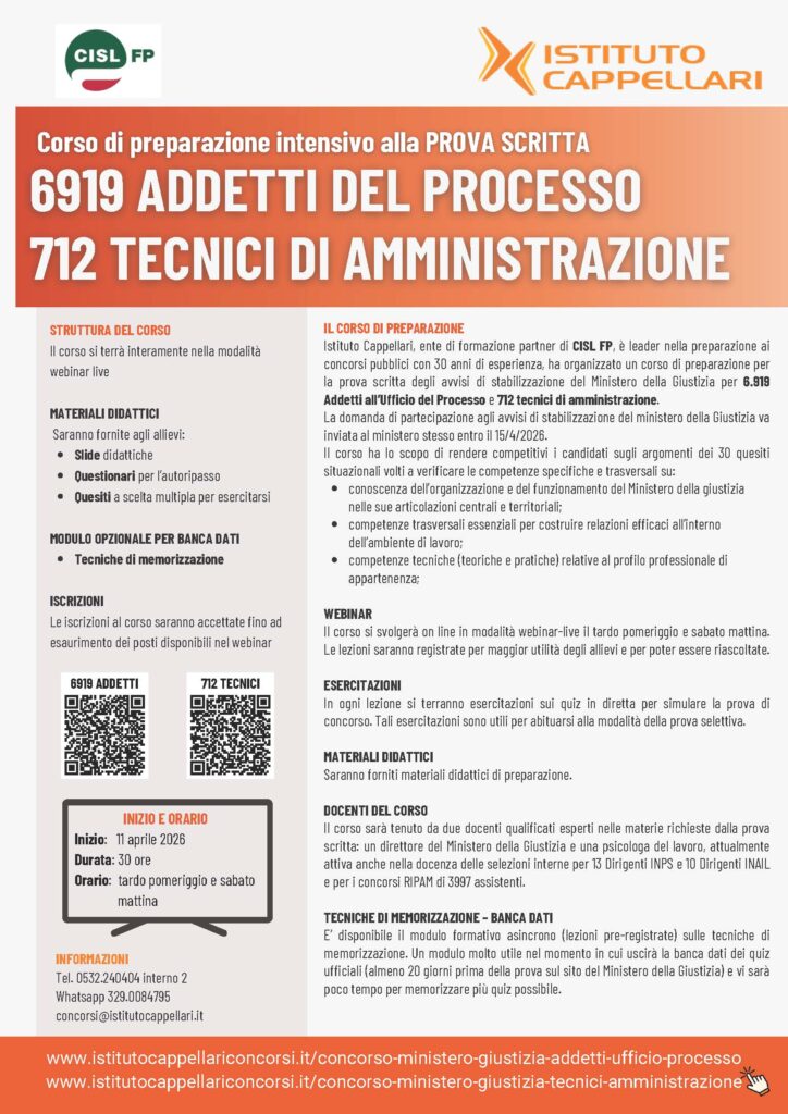94 – 6919 ADDETTI DEL PROCESSO / 712 TECNICI DI AMMINISTRAZIONE – CORSO DI PREPARAZIONE INTENSIVO ALLA PROVA SCRITTA C/O ISTITUTO CAPPELLARI IN CONVENZIONE CON CISL FP