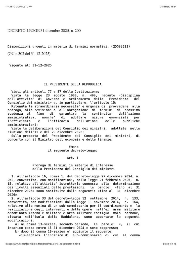 05 – DECRETO-LEGGE 31 DICEMBRE 2025, N. 200 (DISPOSIZIONI URGENTI IN MATERIA DI TERMINI NORMATIVI) – IL TESTO DEL PROVVEDIMENTO NORMATIVO