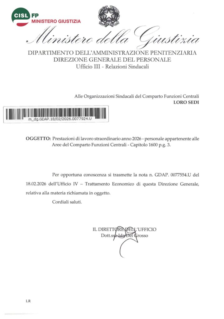 57 – PRESTAZIONI DI LAVORO STRAORDINARIO ANNO 2026 – PERSONALE APPARTENENTE ALLE AREE DEL COMPARTO FUNZIONI CENTRALI (CAPITOLO 1600 P.G. 3) – LA NOTA CIRCOLARE DELL’AMMINISTRAZIONE