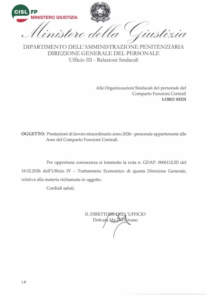 58 – PRESTAZIONI DI LAVORO STRAORDINARIO ANNO 2026 – PERSONALE APPARTENENTE ALLE AREE DEL COMPARTO FUNZIONI CENTRALI – LA NOTA CIRCOLARE DELL’AMMINISTRAZIONE
