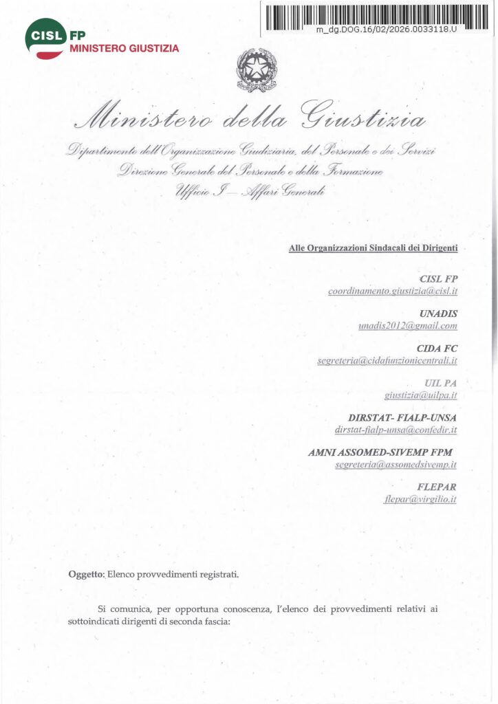 56 – DIRIGENTI – CONFERIMENTI INCARICHI DIRIGENZIALI – ELENCO PROVVEDIMENTI REGISTRATI