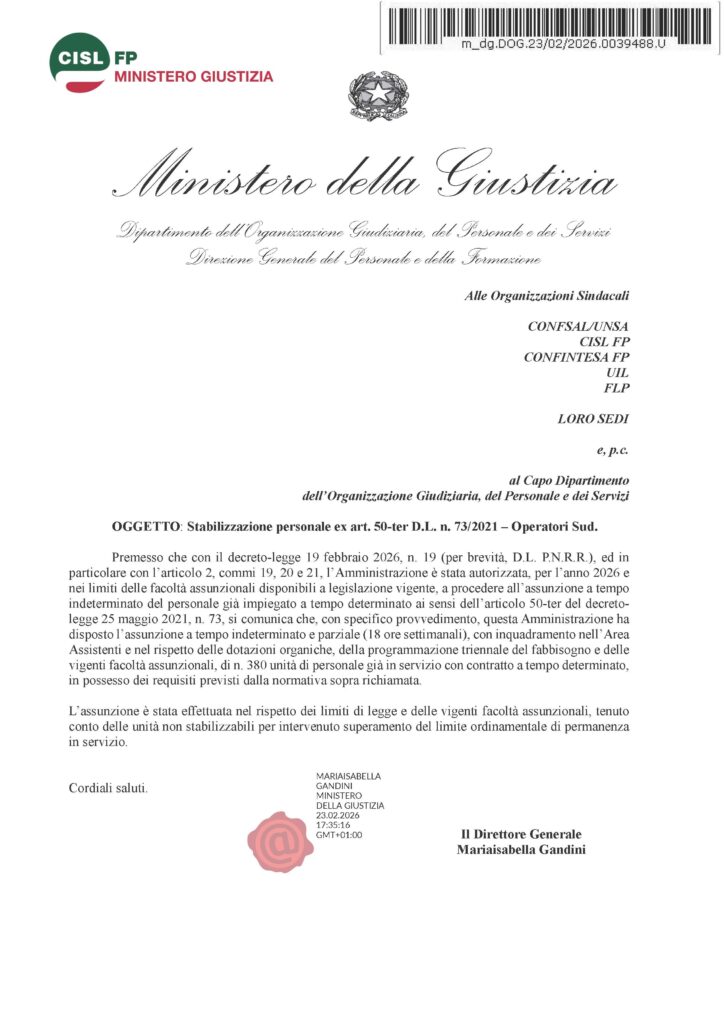 67 – STABILIZZAZIONE PERSONALE EX ART. 50-TER D.L. N. 73/2021 – OPERATORI SUD – LA NOTA DELL’AMMINISTRAZIONE
