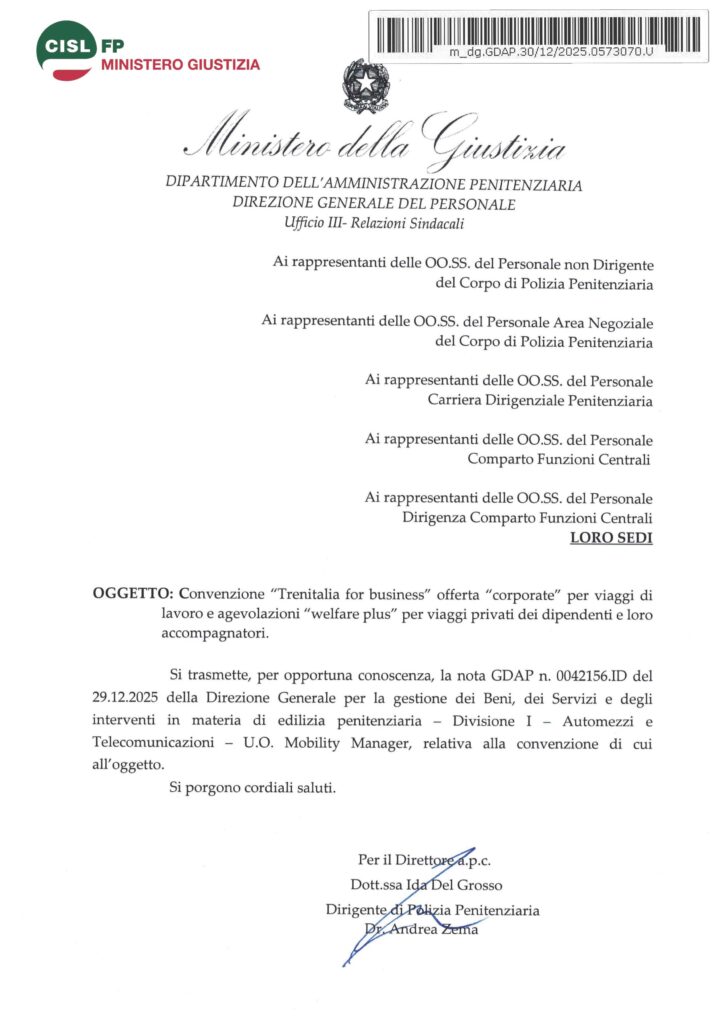08 – CONVENZIONE “TRENITALIA FOR BUSINESS” OFFERTA “CORPORATE” PER VIAGGI DI LAVORO E AGEVOLAZIONI “WELFARE PLUS” PER VIAGGI PRIVATI DEI DIPENDENTI E LORO ACCOMPAGNATORI – LA NOTA DELL’AMMINISTRAZIONE