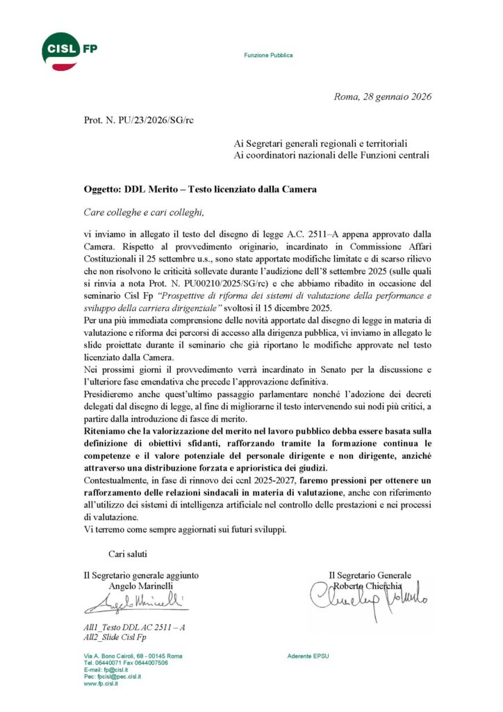 32 – DDL MERITO – LA NOTA DI COMMENTO DELLA CISL
