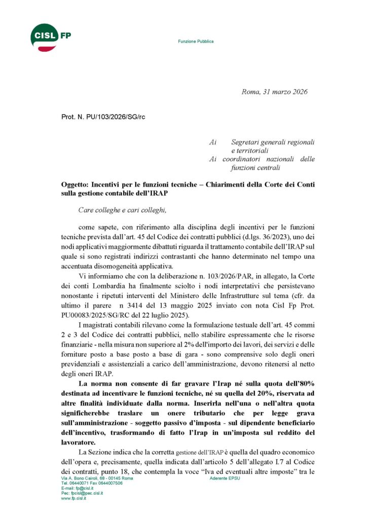 97 – INCENTIVI PER LE FUNZIONI TECNICHE – CHIARIMENTI DELLA CORTE DEI CONTI SULLA GESTIONE CONTABILE DELL’IRAP – LA NOTA DI COMMENTO DELLA FEDERAZIONE NAZIONALE
