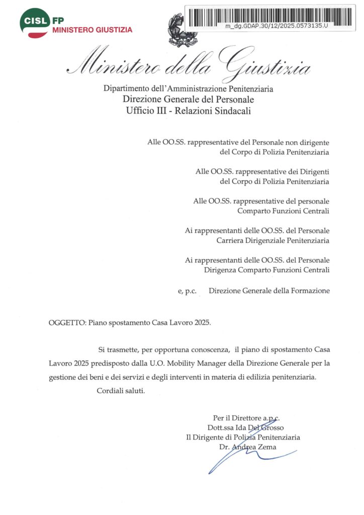 10 – PIANO SPOSTAMENTO CASA LAVORO 2025 – LA NOTA DELL’AMMINISTRAZIONE