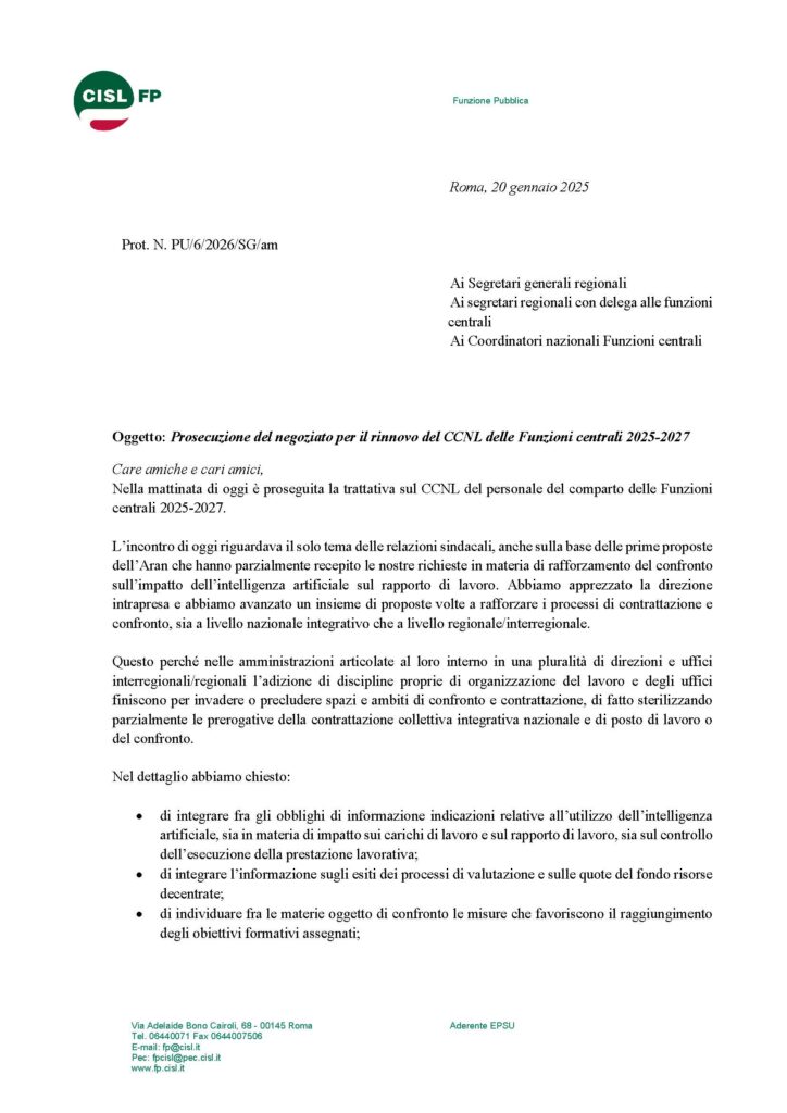 16 – PROSECUZIONE DEL NEGOZIATO PER IL RINNOVO DEL CCNL DELLE FUNZIONI CENTRALI 2025-2027 – LA NOTA DELLA FEDERAZIONE NAZIONALE