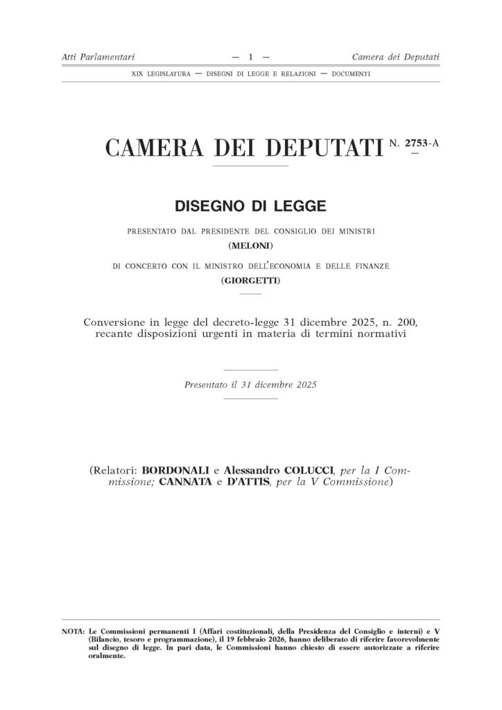 65 – CONVERSIONE IN LEGGE DEL DECRETO LEGGE MILLEPROROGHE 2026 – IL TESTO DEL PROVVEDIMENTO NORMATIVO