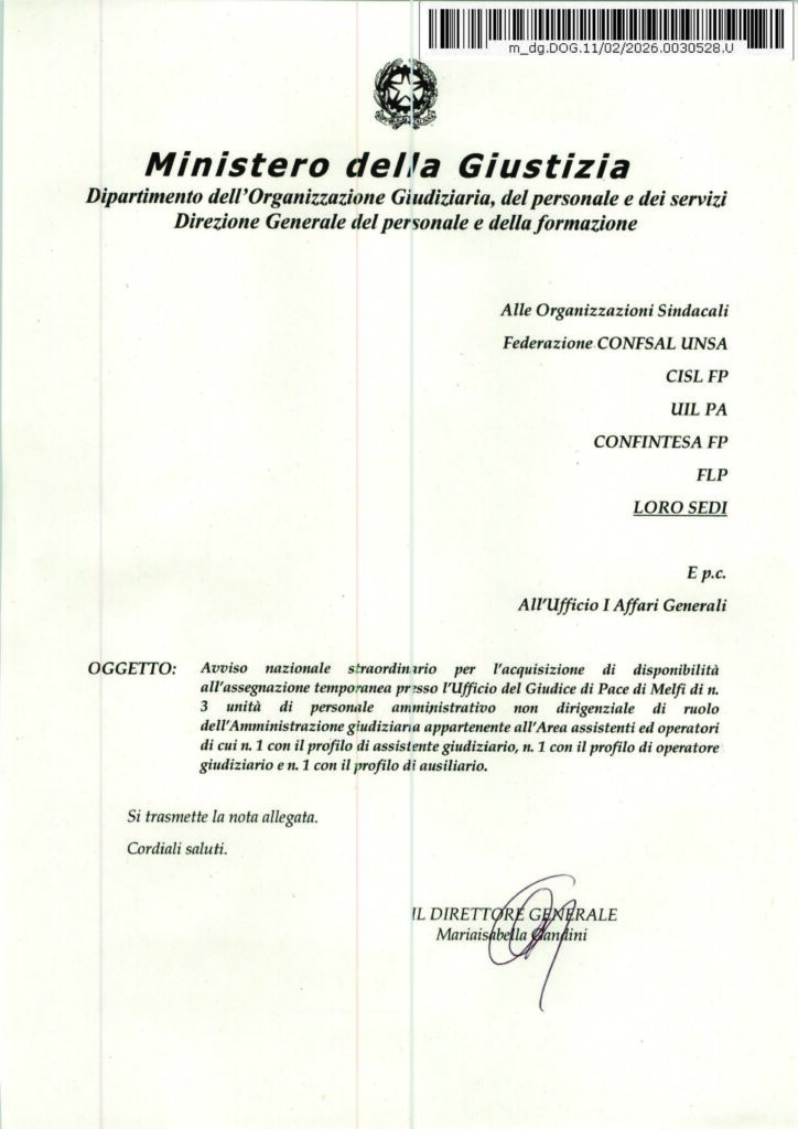 52 – AVVISO NAZIONALE STRAORDINARIO PER L’ACQUISIZIONE DI DISPONIBILITÀ ALL’ASSEGNAZIONE TEMPORANEA PRESSO L’UFFICIO DEL GIUDICE DI PACE DI MELFI DI N. 3 UNITÀ DI PERSONALE AMMINISTRATIVO NON DIRIGENZIALE DI RUOLO DELL’AMMINISTRAZIONE GIUDIZIARIA APPARTENENTE ALL’AREA ASSISTENTI ED OPERATORI DI CUI N. 1 CON IL PROFILO DI ASSIST ENTE GIUDIZIARIO, N. 1 CON IL PROFILO DI OPERATORE GIUDIZIARIO E N. 1 CON IL PROFILO DI AUSILIARIO – LA NOTA DELL’AMMINISTRAZIONE