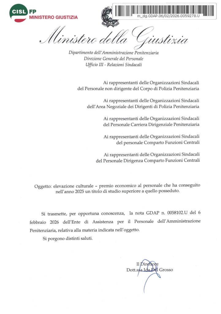 41 – ELEVAZIONE CULTURALE – PREMIO ECONOMICO AL PERSONALE CHE HA CONSEGUITO NELL’ANNO 2025 UN TITOLO DI STUDIO SUPERIORE A QUELLO POSSEDUTO – LA NOTA DELL’AMMINISTRAZIONE