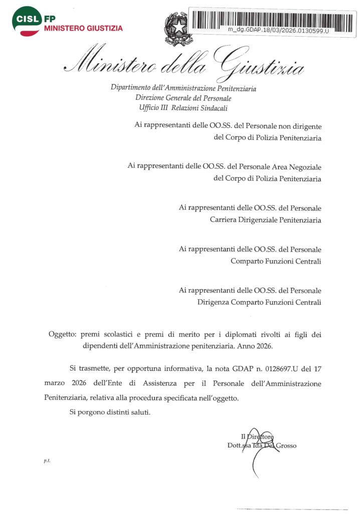 91 – EAP – PREMI SCOLASTICI E PREMI DI MERITO PER I DIPLOMATI RIVOLTI AI FIGLI DEI DIPENDENTI DELL’AMMINISTRAZIONE PENITENZIARIA (ANNO 2026) – LA NOTA DELL’ENTE