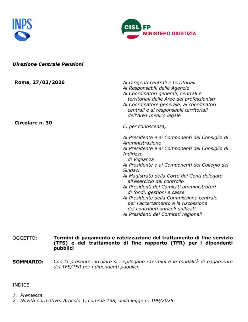 105 – CIRCOLARE INPS SUI TERMINI DI PAGAMENTO E RATEIZZAZIONE DEL TFS E TFR DEI DIPENDENTI PUBBLICI – LA NOTA DELLA CISL FP