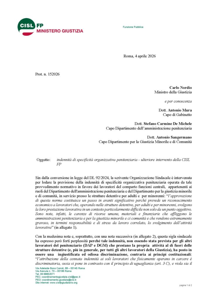 102 – INDENNITÀ DI SPECIFICITÀ ORGANIZZATIVA PENITENZIARIA – ULTERIORE INTERVENTO DELLA CISL FP