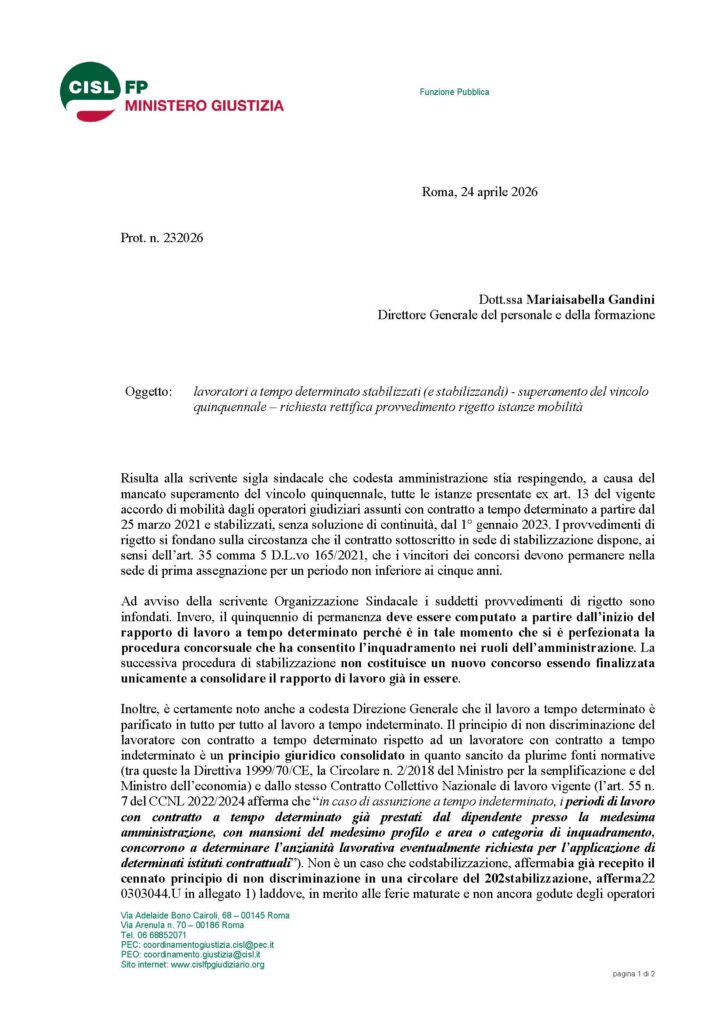 123 – LAVORATORI A TEMPO DETERMINATO STABILIZZATI (E STABILIZZANDI) – SUPERAMENTO DEL VINCOLO QUINQUENNALE – RICHIESTA CISL DI RETTIFICA PROVVEDIMENTO RIGETTO ISTANZE MOBILITÀ