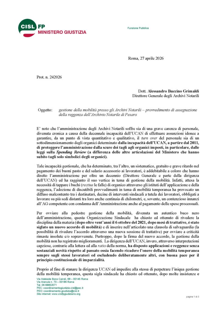 127 – GESTIONE DELLA MOBILITÀ PRESSO GLI ARCHIVI NOTARILI – PROVVEDIMENTO DI ASSEGNAZIONE DELLA REGGENZA DELL’ARCHIVIO NOTARILE DI PESARO – LA NOTA DELLA CISL FP