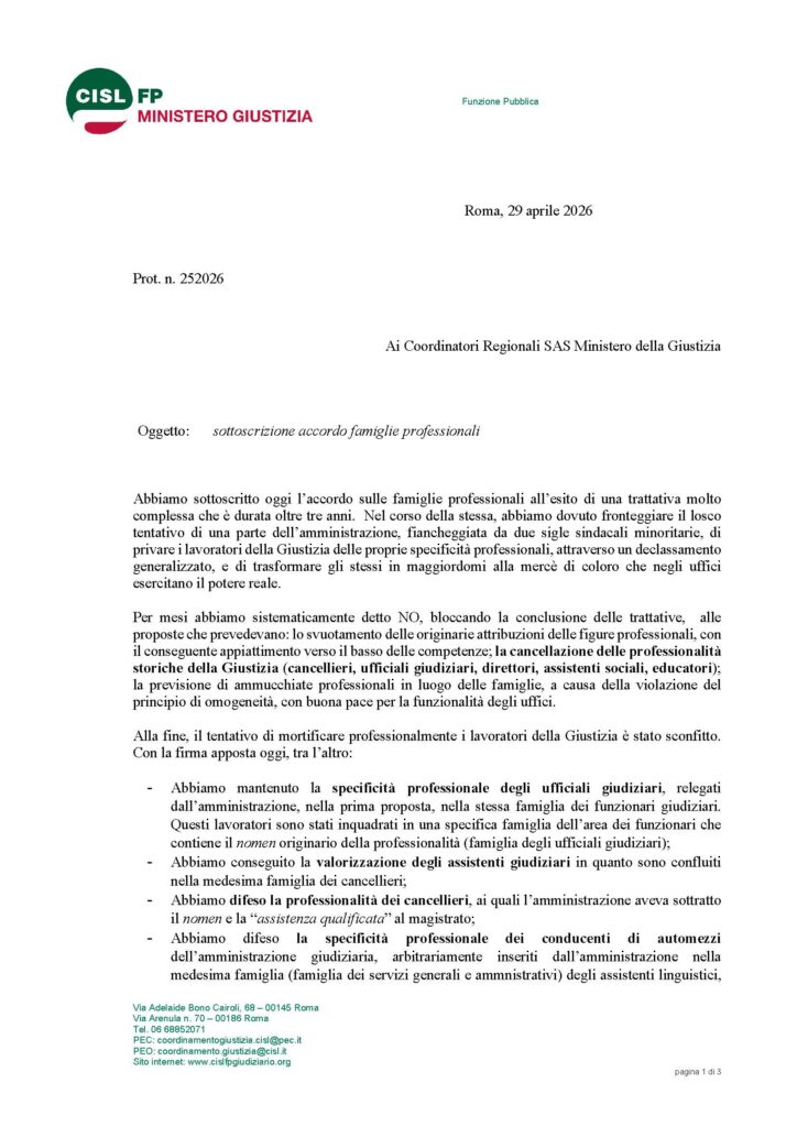 129 – 29 APRILE 2026 – SOTTOSCRITTO ACCORDO SULLE FAMIGLIE PROFESSIONALI DEL MINISTERO DELLA GIUSTIZIA – LA NOTA AI COORDINATORI REGIONALI