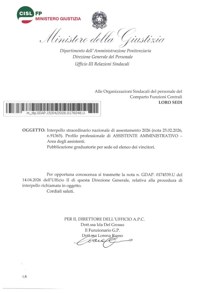 113 – INTERPELLO STRAORDINARIO NAZIONALE DI ASSESTAMENTO 2026 (NOTA 25.02.2026, N. 91365) – PROFILO PROFESSIONALE DI ASSISTENTE AMMINISTRATIVO – PUBBLICAZIONE GRADUATORIE PER SEDE ED ELENCO DEI VINCITORI – LA NOTA DELL’AMMINISTRAZIONE