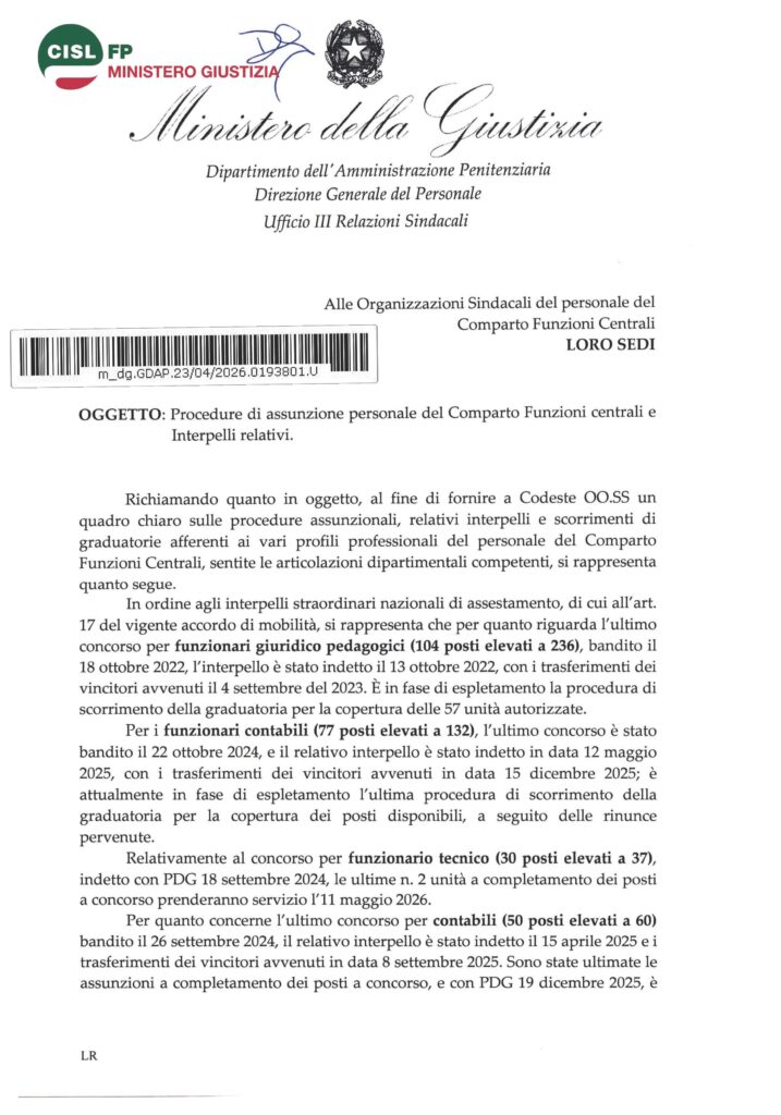 122 – PROCEDURE DI ASSUNZIONE PERSONALE DEL COMPARTO FUNZIONI CENTRALI E INTERPELLI RELATIVI – LA NOTA DELL’AMMINISTRAZIONE