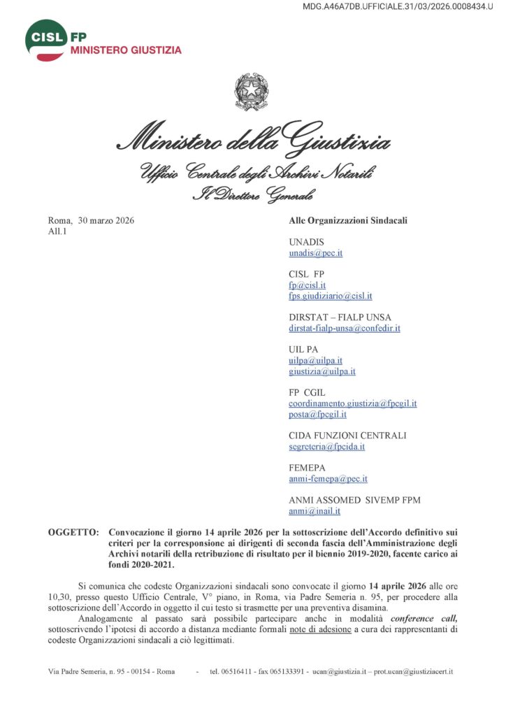 99 – DIRIGENTI – CONVOCAZIONE IL GIORNO 14 APRILE 2026 PER LA SOTTOSCRIZIONE DELL’ACCORDO DEFINITIVO SUI CRITERI PER LA CORRESPONSIONE AI DIRIGENTI DI SECONDA FASCIA DELL’AMMINISTRAZIONE DEGLI ARCHIVI NOTARILI DELLA RETRIBUZIONE DI RISULTATO PER IL BIENNIO 2019-2020, FACENTE CARICO AI FONDI 2020-2021.