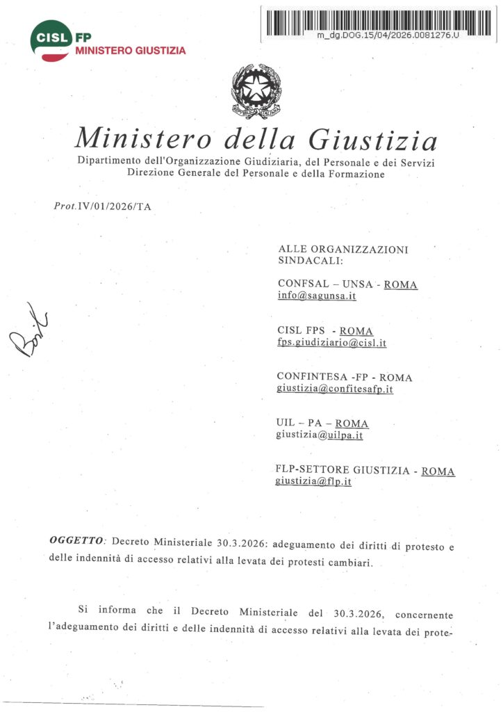 112 – UFFICIALI GIUDIZIARI – DECRETO MINISTERIALE 30. 3.2026: ADEGUAMENTO DEI DIRITTI DI PROTESTO E DELLE INDENNITÀ DI ACCESSO RELATIVI ALLA LEVATA DEI PROTESTI CAMBIARI – IL TESTO DEL PROVVEDIMENTO
