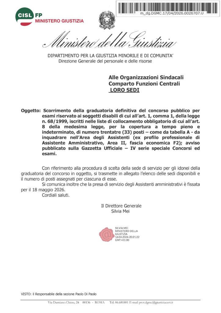 114 – SCORRIMENTO DELLA GRADUATORIA DEFINITIVA DEL CONCORSO PUBBLICO PER ESAMI RISERVATO AI SOGGETTI DISABILI DI CUI ALL’ART. 1, COMMA 1, DELLA LEGGE N. 68/1999, ISCRITTI NELLE LISTE DI COLLOCAMENTO OBBLIGATORIO DI CUI ALL’ART. 8 DELLA MEDESIMA LEGGE, PER LA COPERTURA A TEMPO PIENO E INDETERMINATO, DI NUMERO TRENTATRÉ (33) POSTI – COME DA TABELLA A – DA INQUADRARE NELL’AREA DEGLI ASSISTENTI (EX PROFILO PROFESSIONALE DI ASSISTENTE AMMINISTRATIVO, AREA II, FASCIA ECONOMICA F2) –  AVVISO PUBBLICATO SULLA GAZZETTA UFFICIALE – IV SERIE SPECIALE CONCORSI ED ESAMI – LA NOTA DELL’AMMINISTRAZIONE