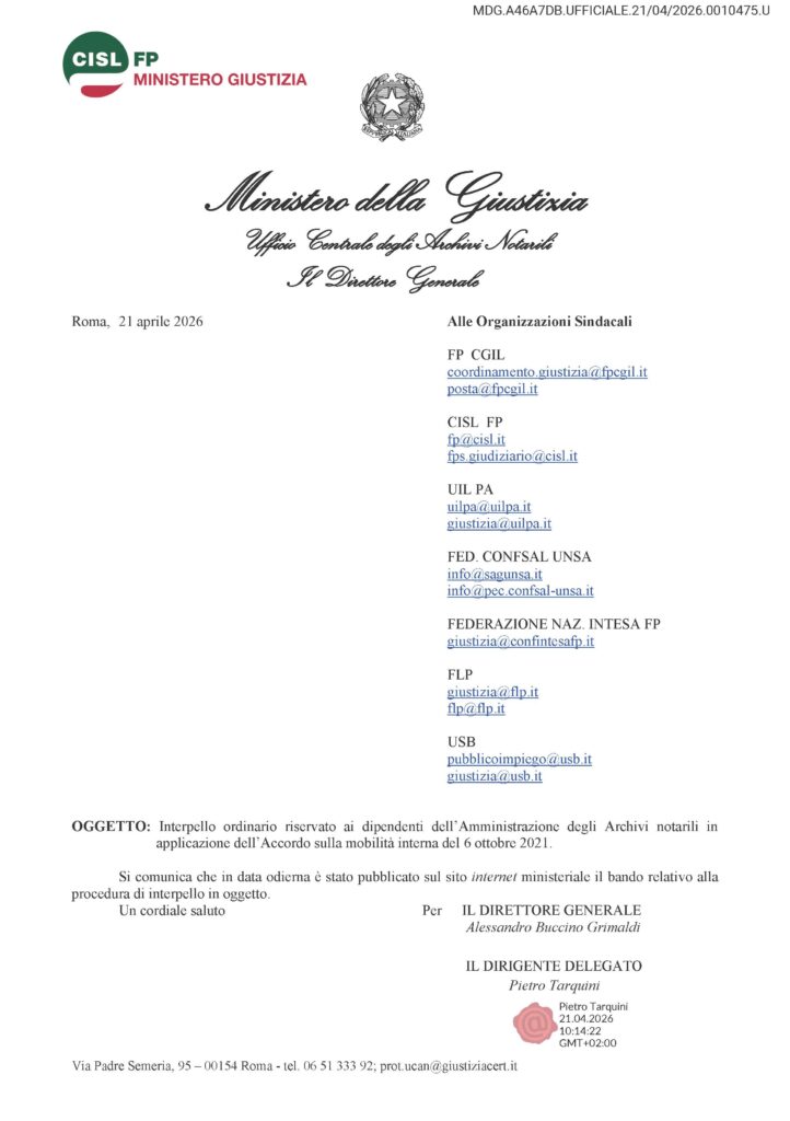 118 – INTERPELLO ORDINARIO RISERVATO AI DIPENDENTI DELL’AMMINISTRAZIONE DEGLI ARCHIVI NOTARILI IN APPLICAZIONE DELL’ACCORDO SULLA MOBILITÀ INTERNA DEL 6 OTTOBRE 2021 – LA COMUNICAZIONE DELL’AMMINISTRAZIONE
