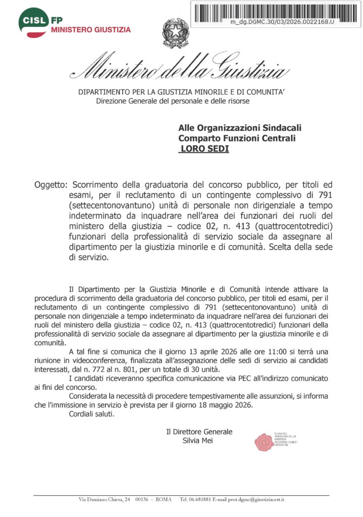 103 – SCORRIMENTO DELLA GRADUATORIA DEL CONCORSO PUBBLICO, PER TITOLI ED ESAMI, PER IL RECLUTAMENTO DI UN CONTINGENTE COMPLESSIVO DI 791 (SETTECENTONOVANTUNO) UNITÀ DI PERSONALE NON DIRIGENZIALE A TEMPO INDETERMINATO DA INQUADRARE NELL’AREA DEI FUNZIONARI DEI RUOLI DEL MINISTERO DELLA GIUSTIZIA – CODICE 02, N. 413 (QUATTROCENTOTREDICI) FUNZIONARI DELLA PROFESSIONALITÀ DI SERVIZIO SOCIALE DA ASSEGNARE AL DIPARTIMENTO PER LA GIUSTIZIA MINORILE E DI COMUNITÀ. SCELTA DELLA SEDE DI SERVIZIO – LA NOTA DELL’AMMINISTRAZIONE