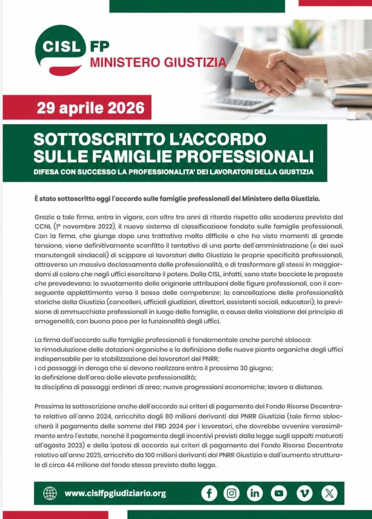 128 – 29 APRILE 2026 – SOTTOSCRITTO ACCORDO SULLE FAMIGLIE PROFESSIONALI DEL MINISTERO DELLA GIUSTIZIA