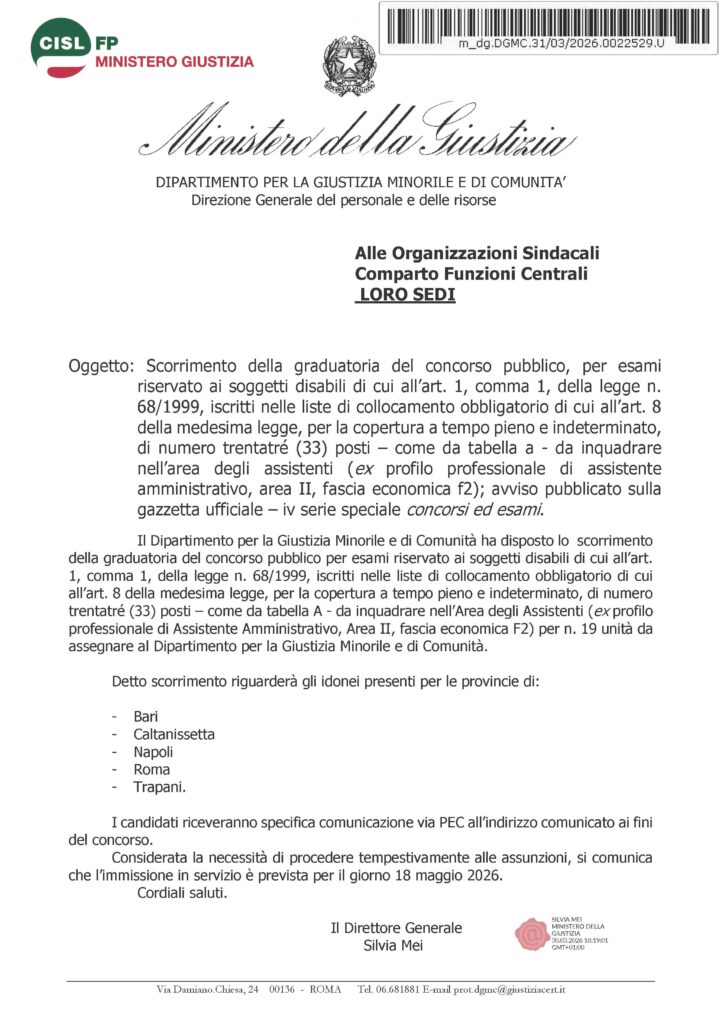 101 – SCORRIMENTO DELLA GRADUATORIA DEL CONCORSO PUBBLICO, PER ESAMI RISERVATO AI SOGGETTI DISABILI DI CUI ALL’ART. 1, COMMA 1, DELLA LEGGE N. 68/1999, ISCRITTI NELLE LISTE DI COLLOCAMENTO OBBLIGATORIO DI CUI ALL’ART. 8 DELLA MEDESIMA LEGGE, PER LA COPERTURA A TEMPO PIENO E INDETERMINATO, DI NUMERO TRENTATRÉ (33) POSTI – COME DA TABELLA A – DA INQUADRARE NELL’AREA DEGLI ASSISTENTI (EX PROFILO PROFESSIONALE DI ASSISTENTE AMMINISTRATIVO, AREA II, FASCIA ECONOMICA F2) – AVVISO PUBBLICATO SULLA GAZZETTA UFFICIALE – IV SERIE SPECIALE CONCORSI ED ESAMI – LA NOTA DELL’AMMINISTRAZIONE