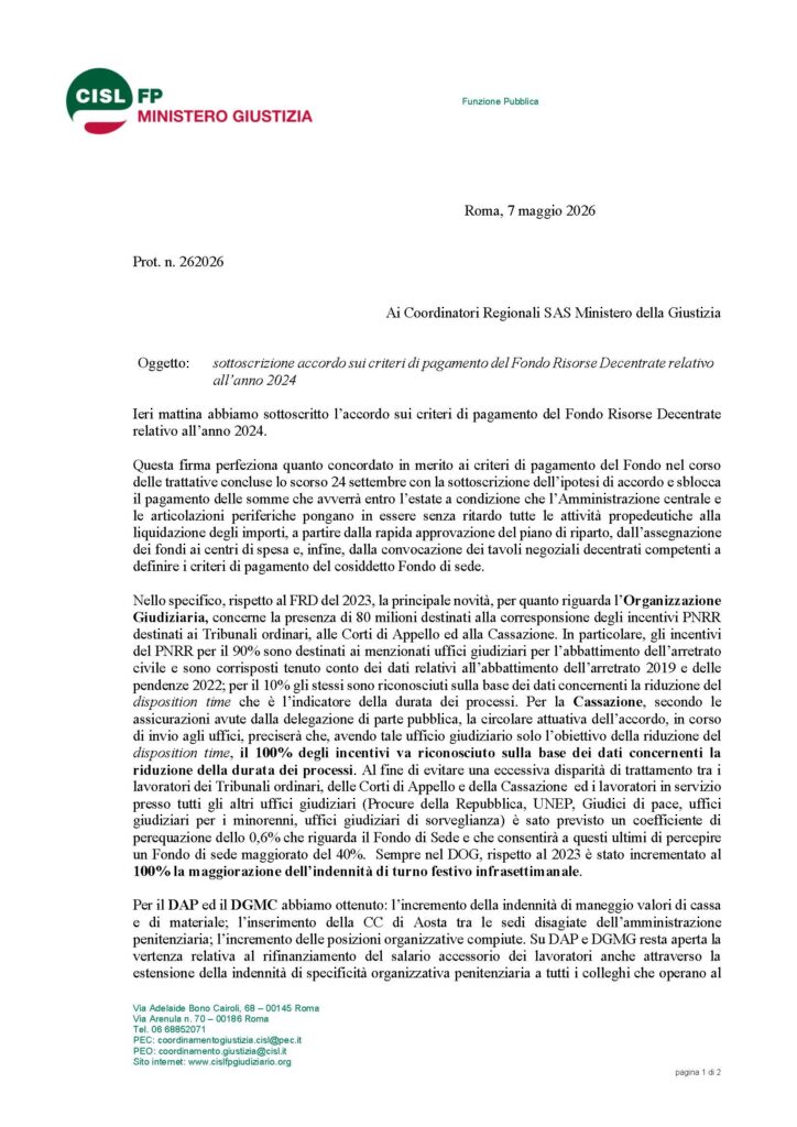 139 – FRD 2024 – SOTTOSCRIZIONE ACCORDO SUI CRITERI DI PAGAMENTO DEL FONDO RISORSE DECENTRATE RELATIVO ALL’ANNO 2024 – LA NOTA ESPLICATIVA DELLA CISL