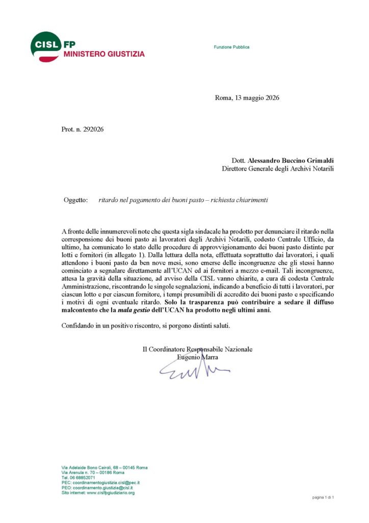 146 – RITARDO NEL PAGAMENTO DEI BUONI PASTO – RICHIESTA CHIARIMENTI DELLA CISL
