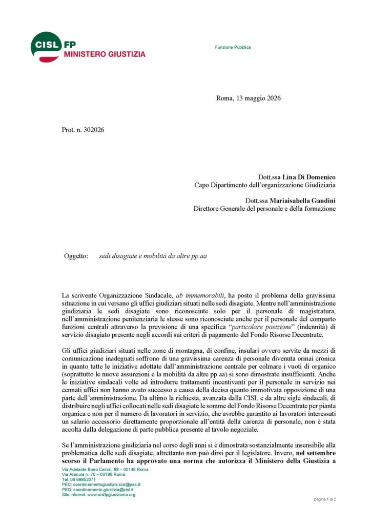 144 – SEDI DISAGIATE E MOBILITÀ DA ALTRE PP AA – LA NOTA DELLA CISL