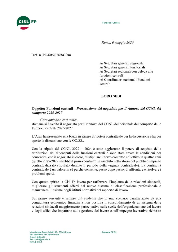 136 – FUNZIONI CENTRALI – PROSECUZIONE DEL NEGOZIATO PER IL RINNOVO DEL CCNL DEL COMPARTO 2025-2027 – LA NOTA DELLA FEDERAZIONE NAZIONALE