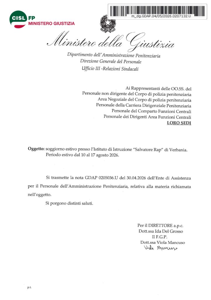137 – EAP – SOGGIORNO ESTIVO PRESSO L’ISTITUTO DI ISTRUZIONE “SALVATORE RAP” DI VERBANIA – PERIODO ESTIVO DAL 10 AL 17 AGOSTO 2026 – LA NOTA DELL’AMMINISTRAZIONE