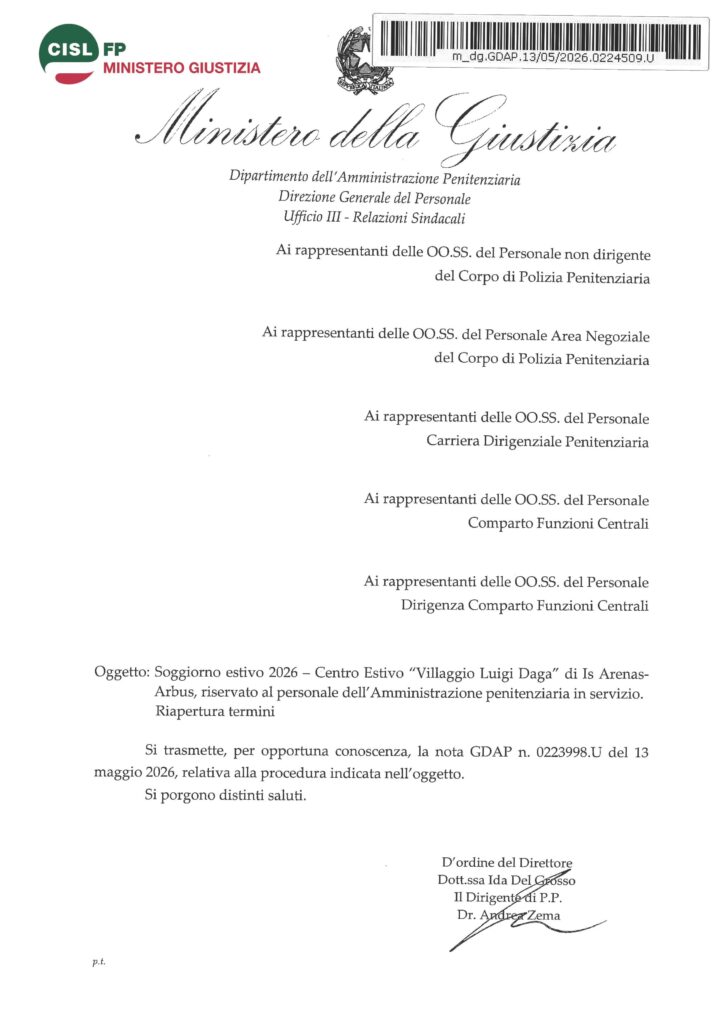 147 – EAP – SOGGIORNO ESTIVO 2026 – CENTRO ESTIVO “VILLAGGIO LUIGI DAGA” DI IS ARENA ARBUS, RISERVATO AL PERSONALE DELL’AMMINISTRAZIONE PENITENZIARIA IN SERVIZIO – RIAPERTURA TERMINI – LA NOTA DELL’AMMINISTRAZIONE