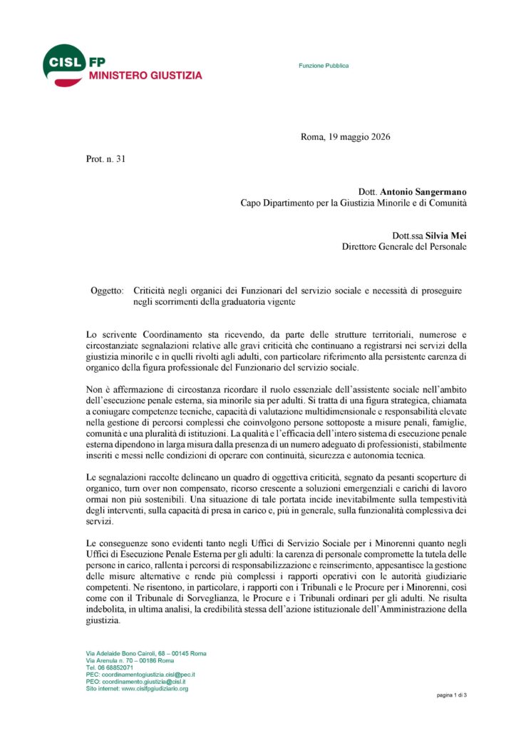150 – CRITICITÀ NEGLI ORGANICI DEI FUNZIONARI DEL SERVIZIO SOCIALE E NECESSITÀ DI PROSEGUIRE NEGLI SCORRIMENTI DELLA GRADUATORIA VIGENTE – LA NOTA DELLA CISL
