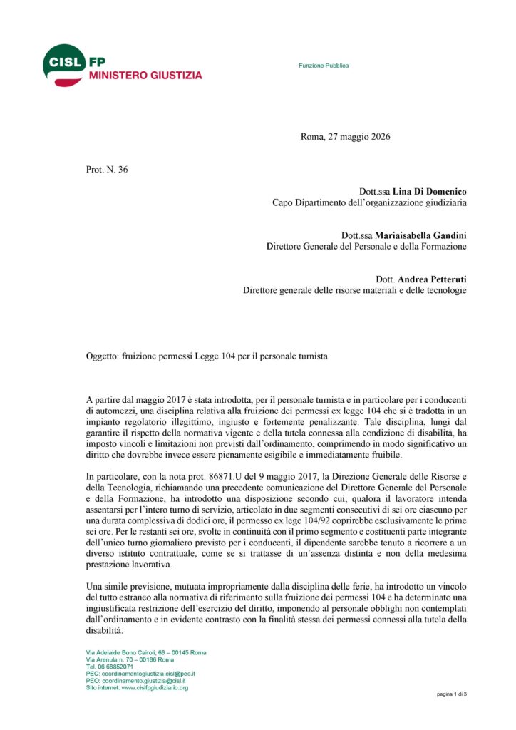 160 – CONDUCENTI DI AUTOMEZZI – FRUIZIONE DEI PERMESSI EX LEGGE 104 PER IL PERSONALE TURNISTA – LA NOTA DELLA CISL FP