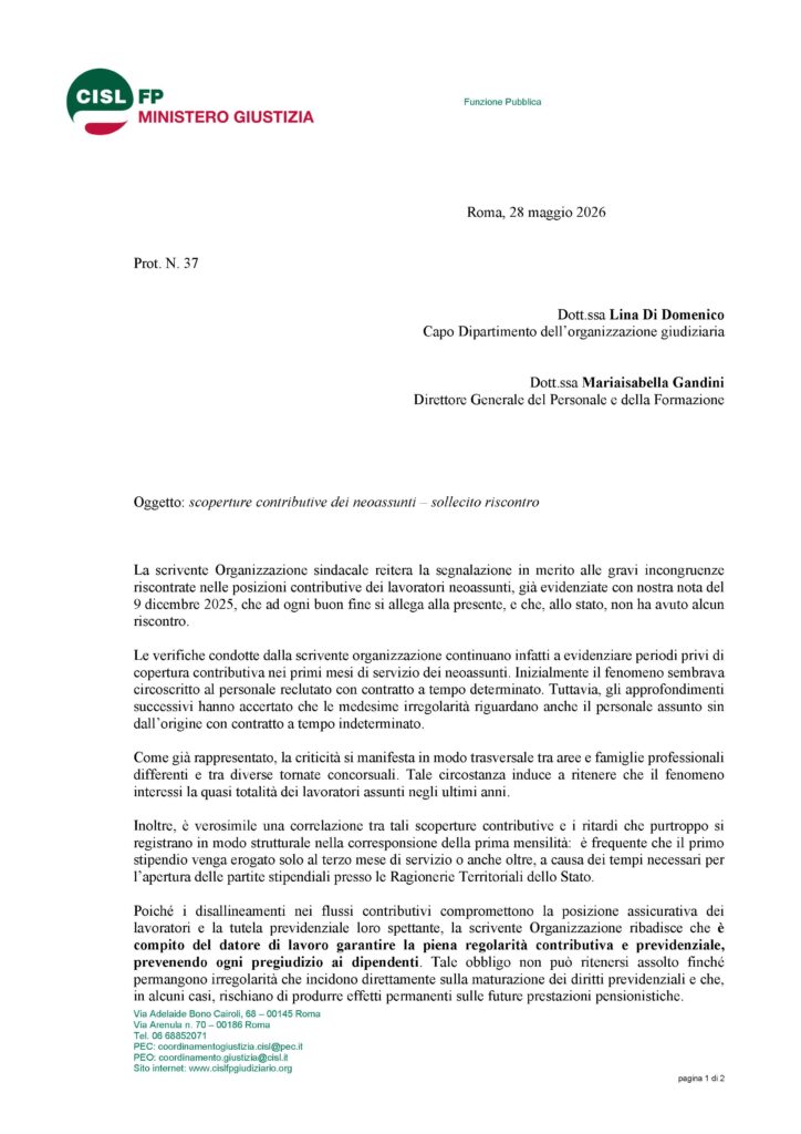 159 – SCOPERTURE CONTRIBUTIVE DEI NEOASSUNTI – SOLLECITO RISCONTRO – LA NOTA DELLA CISL FP