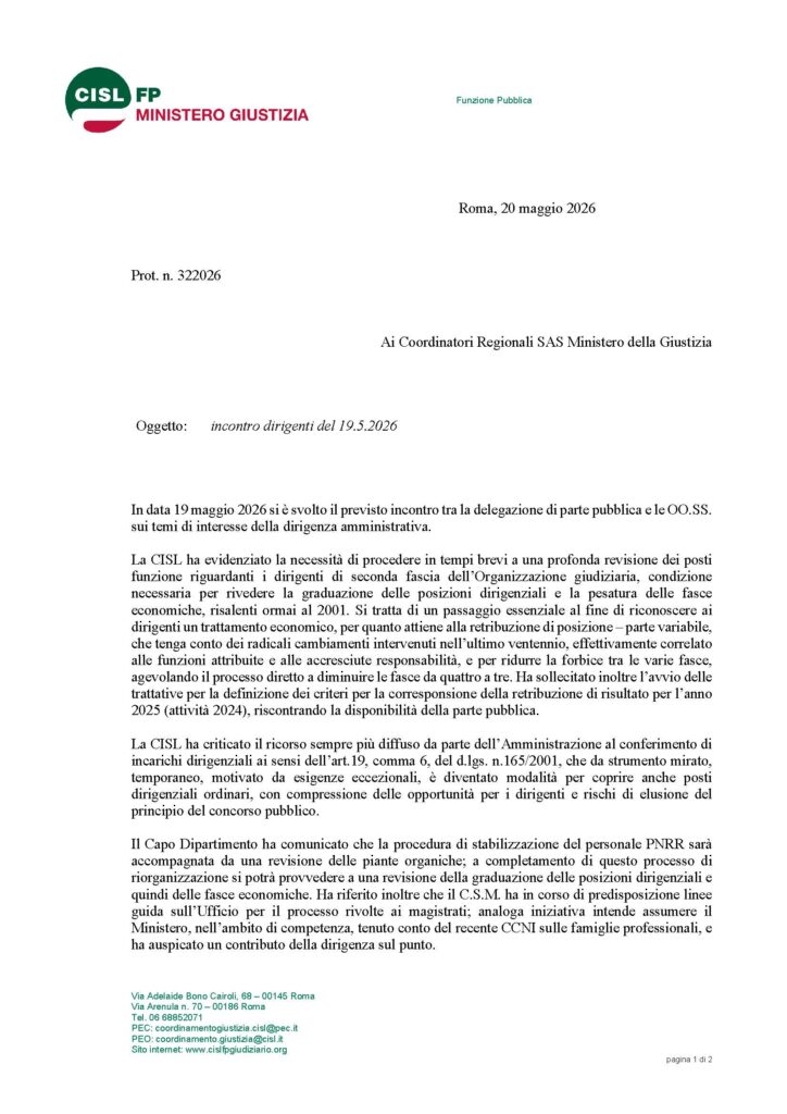 151 – INCONTRO DIRIGENTI DEL 19.5.2026 – LA NOTA DELLA CISL FP