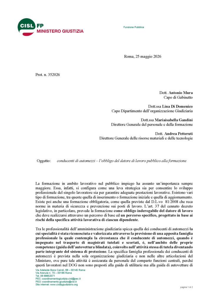 158 – CONDUCENTI DI AUTOMEZZI – L’OBBLIGO DEL DATORE DI LAVORO PUBBLICO ALLA FORMAZIONE – LA NOTA DELLA CISL FP