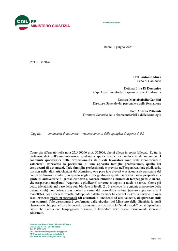 163 – CONDUCENTI DI AUTOMEZZI – RICONOSCIMENTO DELLA QUALIFICA DI AGENTE DI PS – LA NOTA DELLA CISL