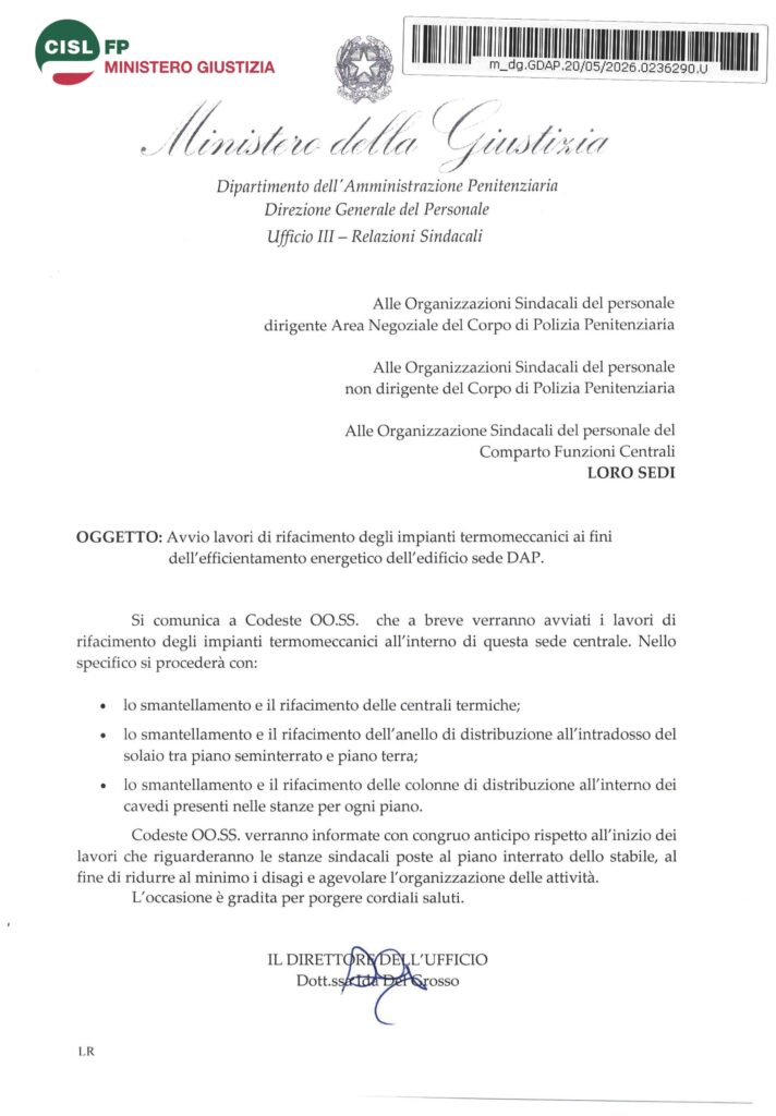 155 – AVVIO LAVORI DI RIFACIMENTO DEGLI IMPIANTI TERMOMECCANICI AI FINI DELL’ EFFICIENTAMENTO ENERGETICO DELL’EDIFICIO SEDE DAP – LA NOTA DELL’AMMINISTRAZIONE