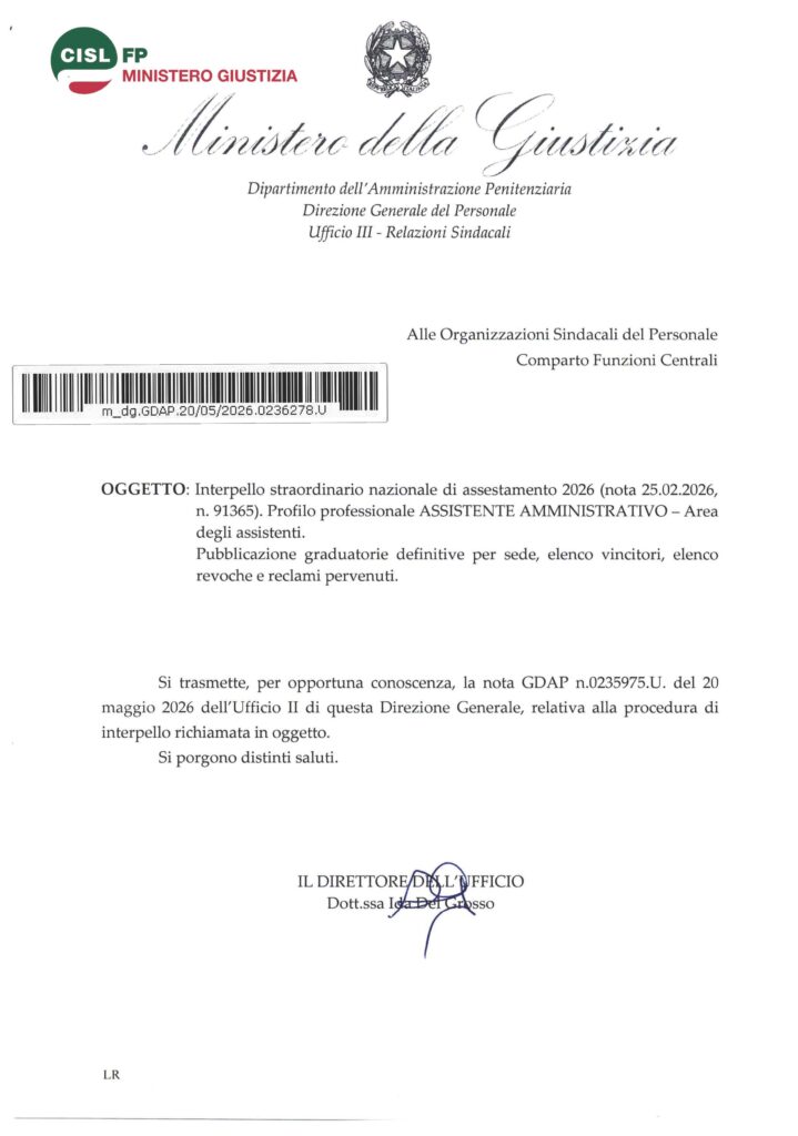 154 – INTERPELLO STRAORDINARIO NAZIONALE DI ASSESTAMENTO 2026 (NOTA 25.02.2026, N. 91365). PROFILO PROFESSIONALE ASSISTENTE AMMINISTRATIVO – AREA DEGLI ASSISTENTI – PUBBLICAZIONE GRADUATORIE DEFINITIVE PER SEDE, ELENCO VINCITORI, ELENCO REVOCHE E RECLAMI PERVENUTI – LA COMUNICAZIONE DELL’AMMINISTRAZIONE
