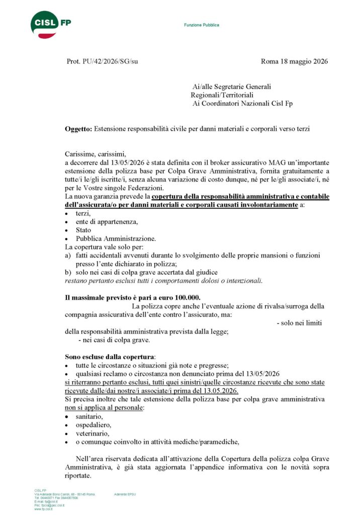 149 -POLIZZA ASSICURATIVA IN CONVENZIONE PER GLI ISCRITTI:  ESTENSIONE RESPONSABILITÀ CIVILE PER DANNI MATERIALI E CORPORALI VERSO TERZI – LA NOTA DELLA FEDERAZIONE NAZIONALE