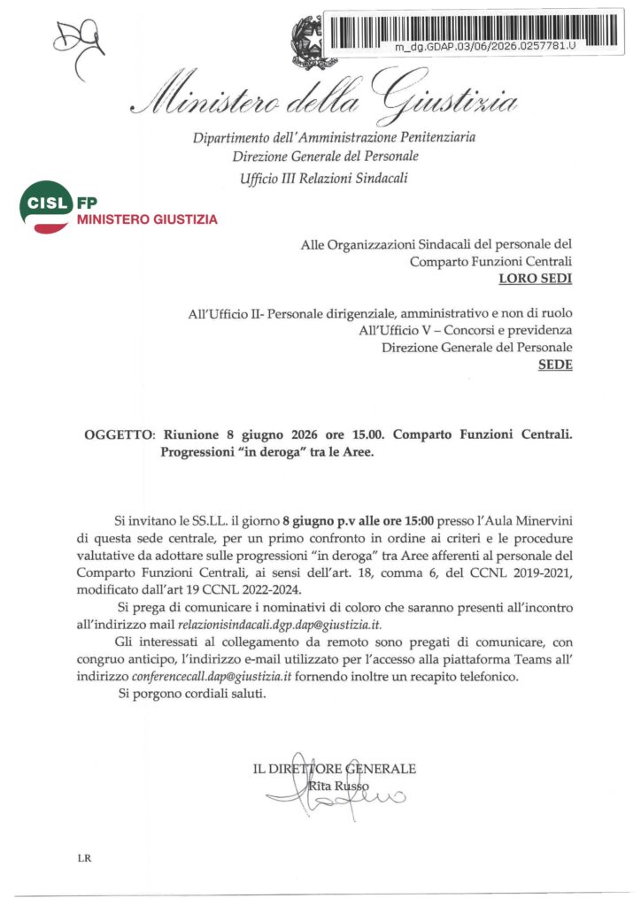 164 – RIUNIONE 8 GIUGNO 2026 ORE 15.00. COMPARTO FUNZIONI CENTRALI – PROGRESSIONI “IN DEROGA” TRA LE AREE – LA NOTA DELL’AMMINISTRAZIONE