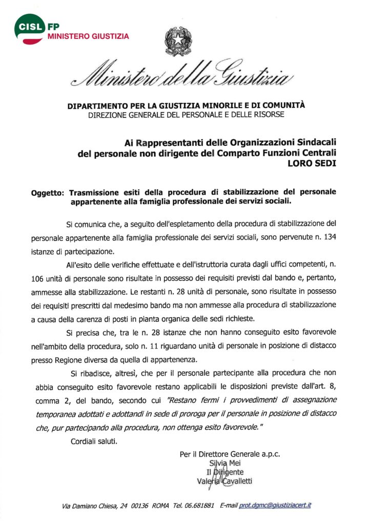 229 – TRASMISSIONE ESITI DELLA PROCEDURA DI STABILIZZAZIONE DEL PERSONALE APPARTENENTE ALLA FAMIGLIA PROFESSIONALE DEI SERVIZI SOCIALI  – LA NOTA DELL’AMMINISTRAZIONE